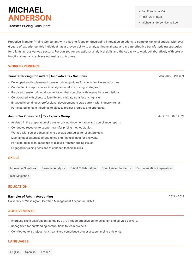Transfer Pricing Consultant resume sample — Transfer Pricing Consultant focus