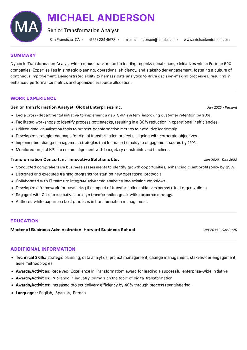 Transformation Analyst resume example
