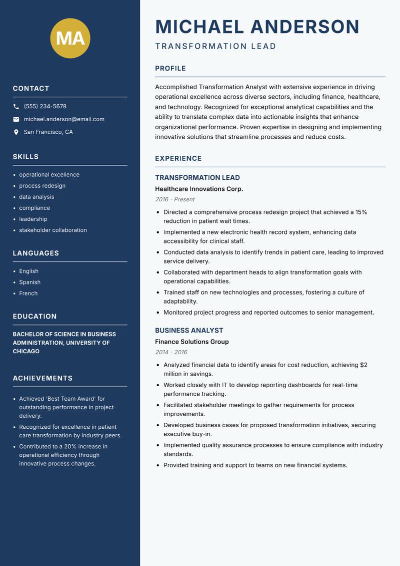 Transformation Analyst resume sample — Transformation Lead focus
