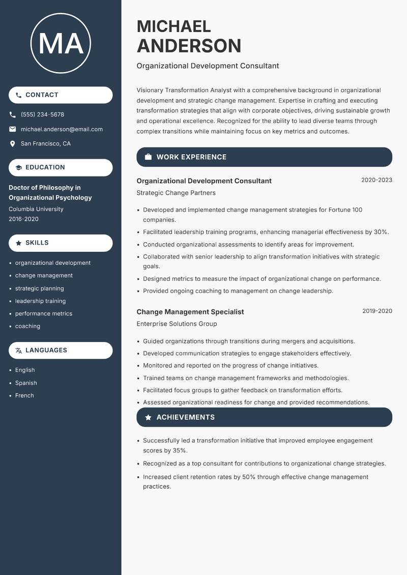 Transformation Analyst resume sample — Organizational Development Consultant focus