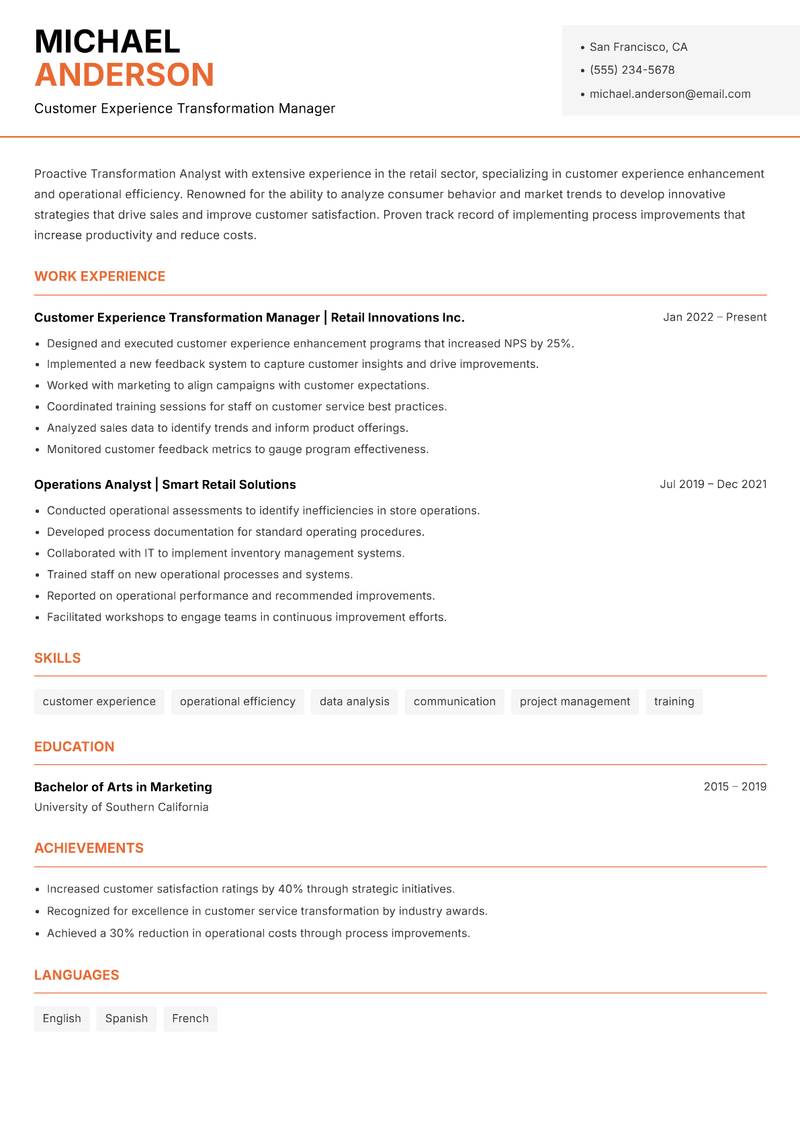 Transformation Analyst resume sample — Customer Experience Transformation Manager focus