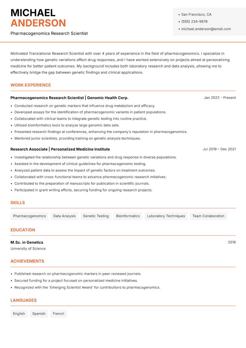 Translational Research Scientist resume sample — Pharmacogenomics Research Scientist focus