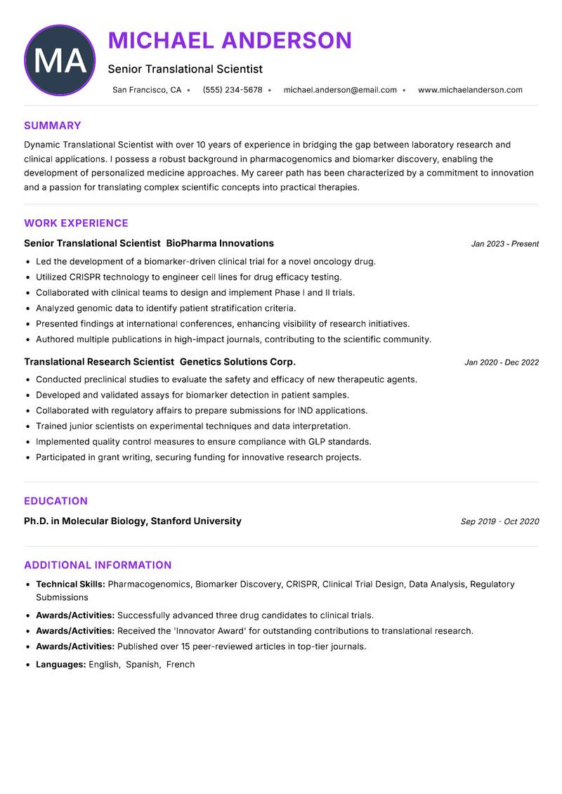 Translational Scientist resume example