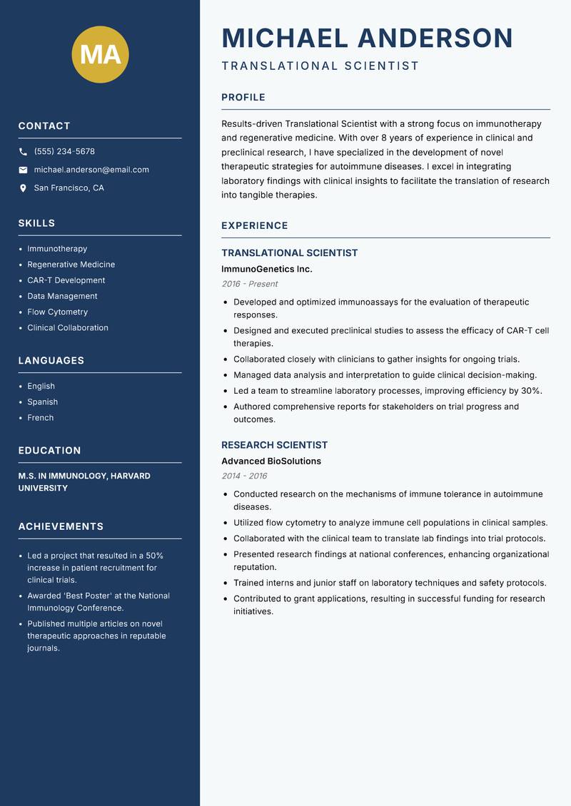 Translational Scientist resume sample — Translational Scientist focus