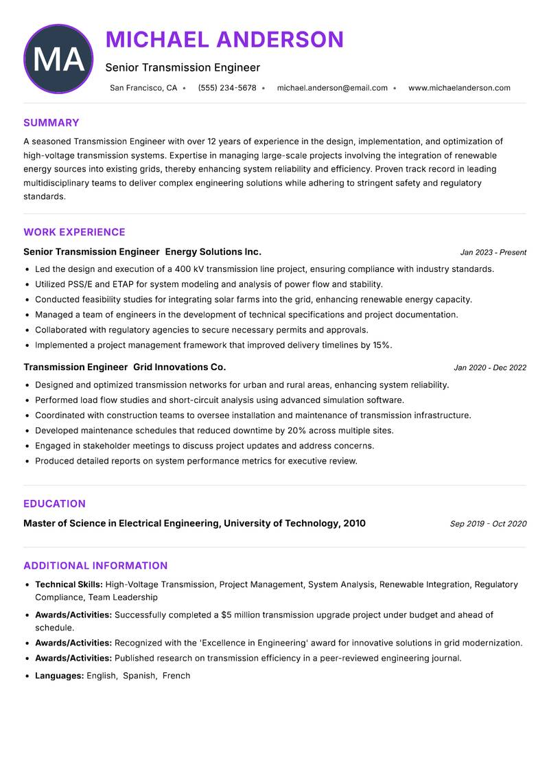 Transmission Engineer resume example