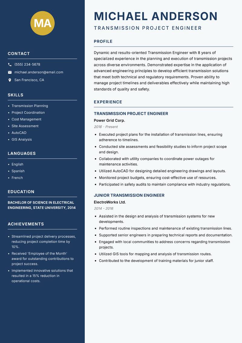 Transmission Engineer resume sample — Transmission Project Engineer focus