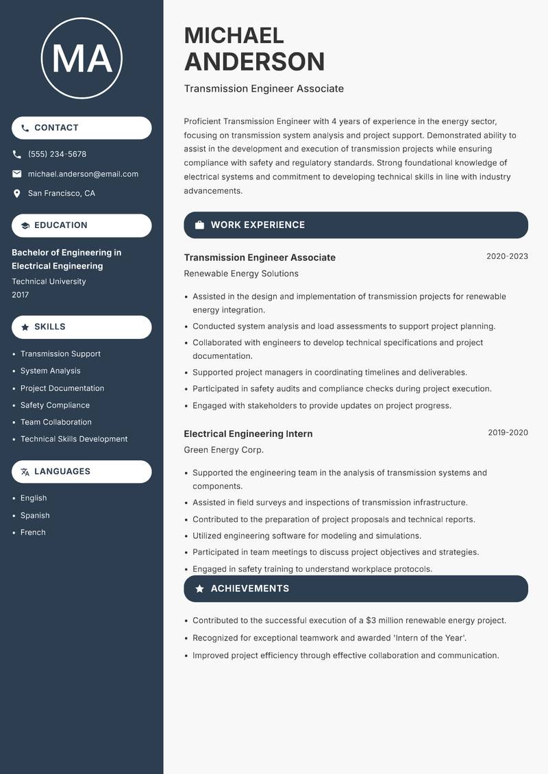 Transmission Engineer resume sample — Transmission Engineer Associate focus