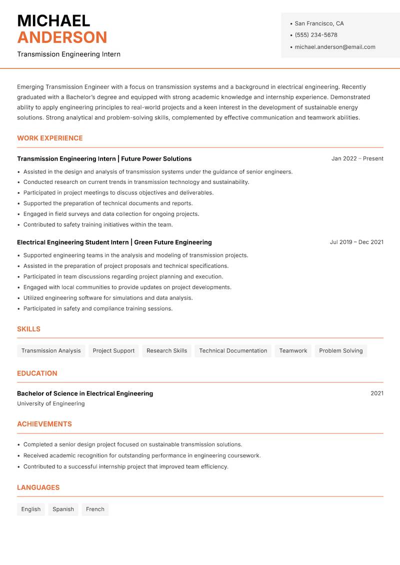 Transmission Engineer resume sample — Transmission Engineering Intern focus
