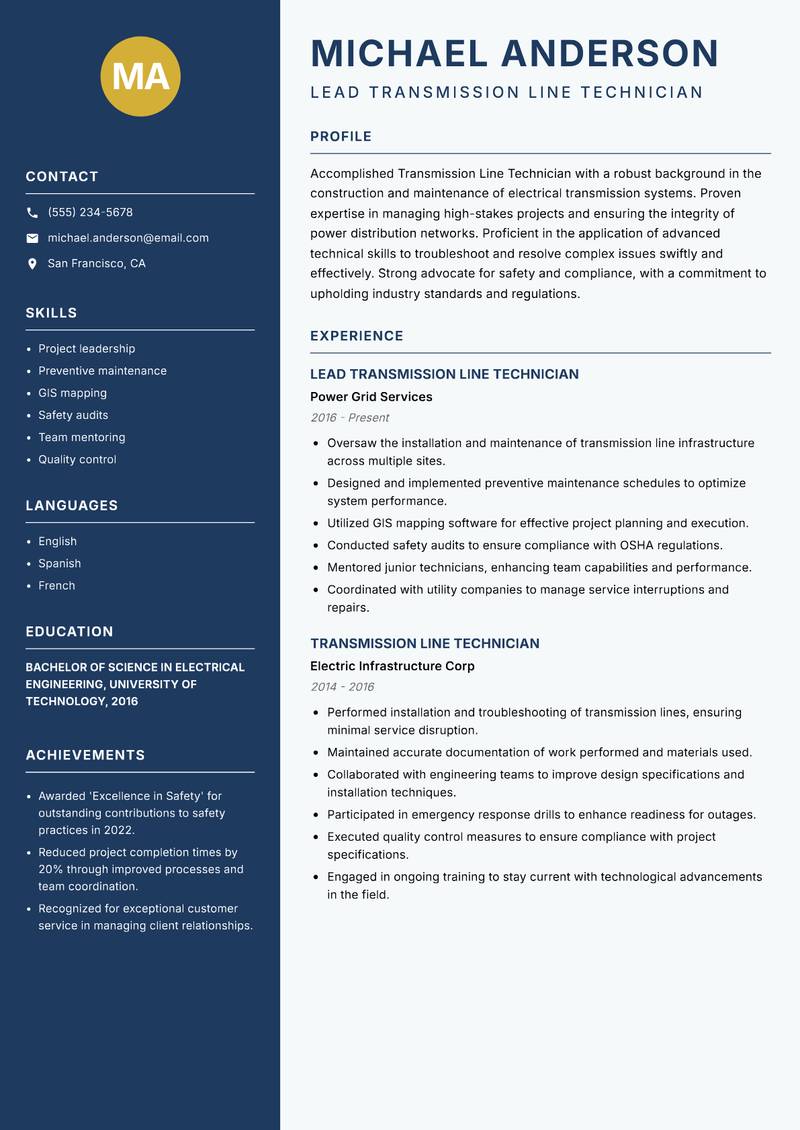 Transmission Line Technician resume sample — Lead Transmission Line Technician focus