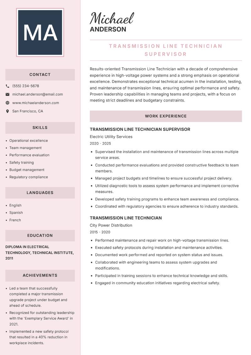 Transmission Line Technician resume sample — Transmission Line Technician Supervisor focus