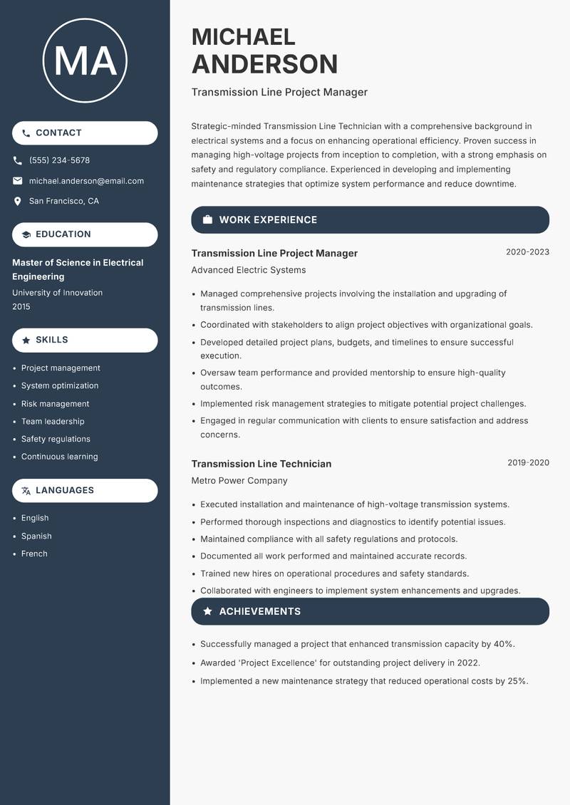 Transmission Line Technician resume sample — Transmission Line Project Manager focus