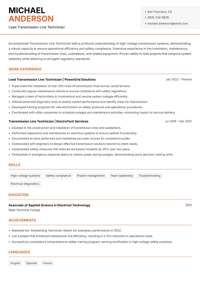 Transmission Line Technician resume sample — Lead Transmission Line Technician focus