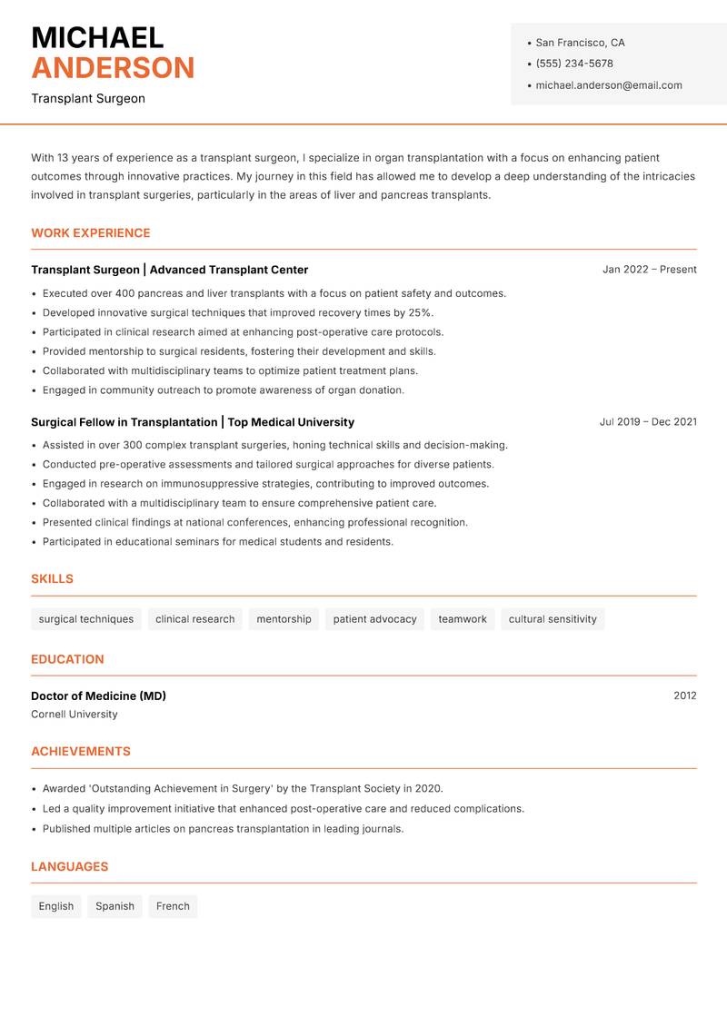 Transplant Surgeon resume sample — Transplant Surgeon focus