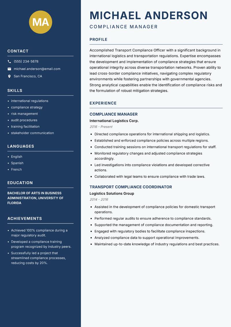 Transport Compliance Officer resume sample — Compliance Manager focus