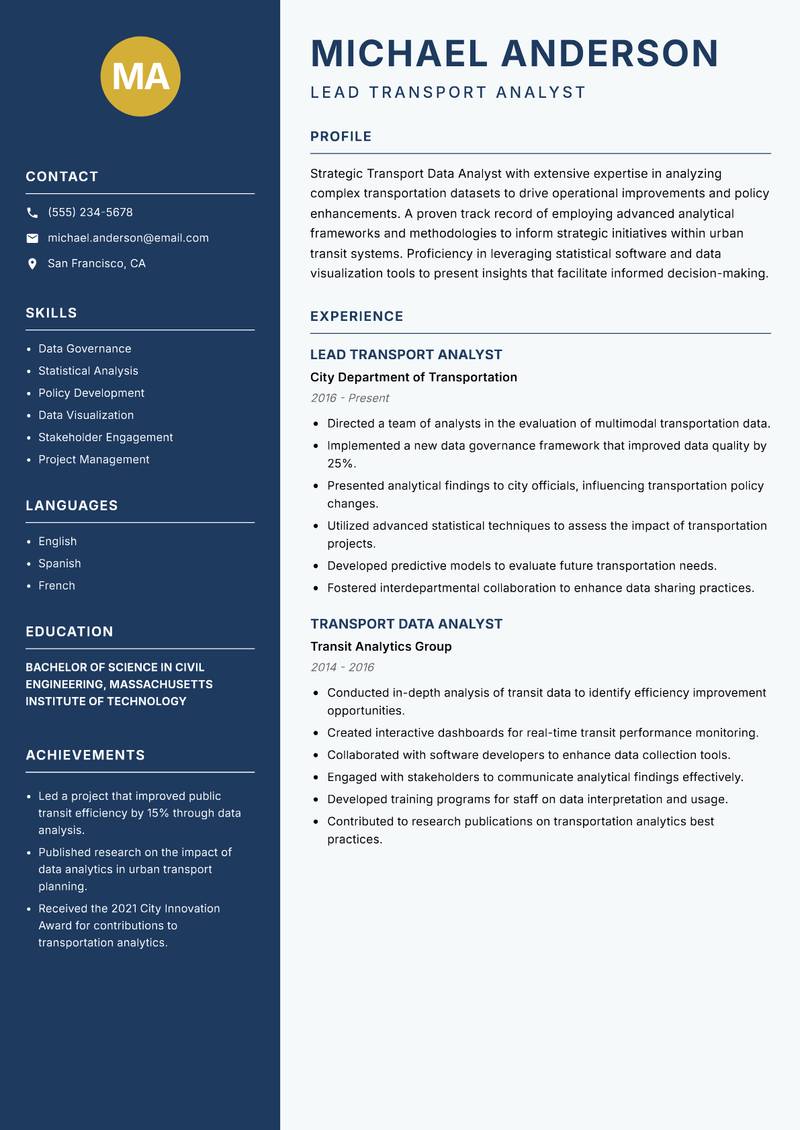 Transport Data Analyst resume sample — Lead Transport Analyst focus