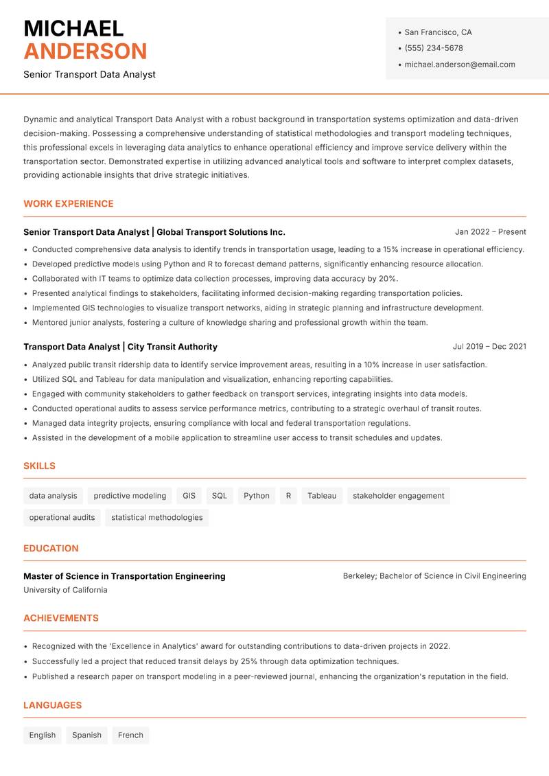 Transport Data Analyst resume sample — Senior Transport Data Analyst focus