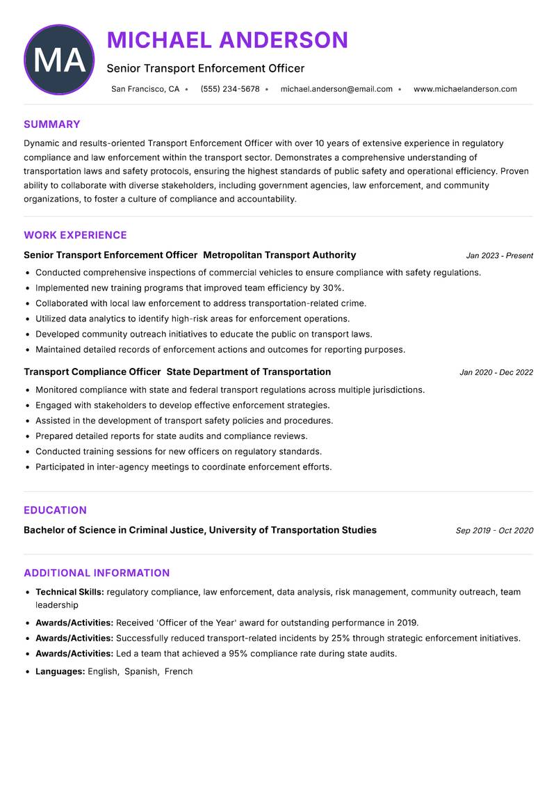 Transport Enforcement Officer resume example