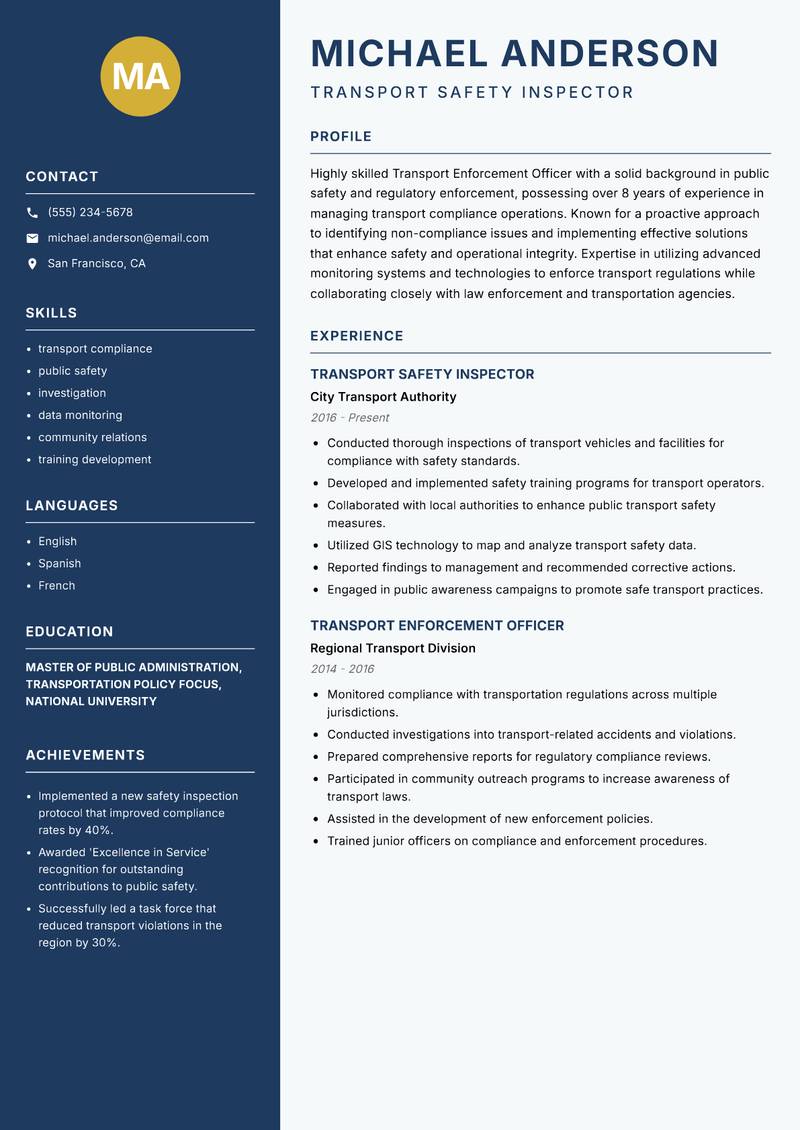 Transport Enforcement Officer resume sample — Transport Safety Inspector focus