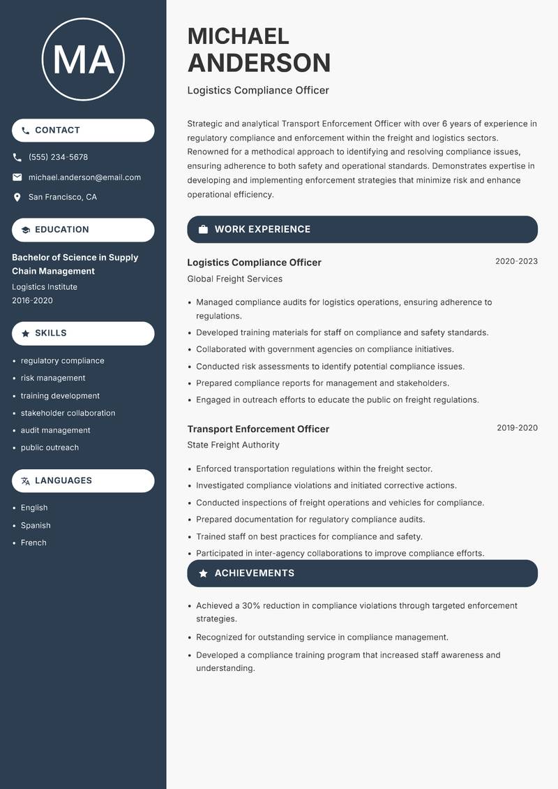 Transport Enforcement Officer resume sample — Logistics Compliance Officer focus