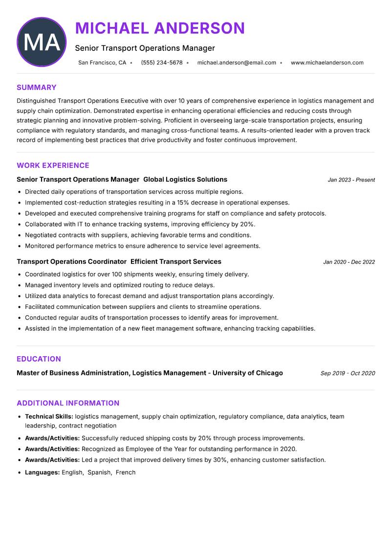 Transport Operations Executive resume example