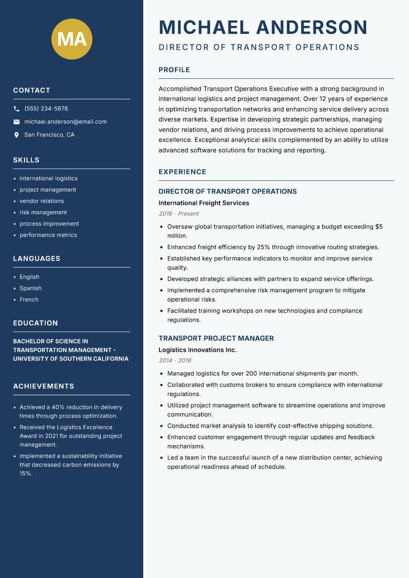 Transport Operations Executive resume sample — Director of Transport Operations focus