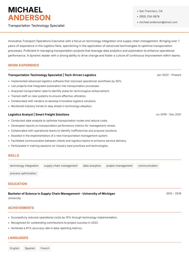 Transport Operations Executive resume sample — Transportation Technology Specialist focus