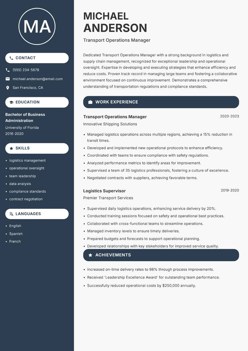 Transport Operations Manager resume sample — Transport Operations Manager focus