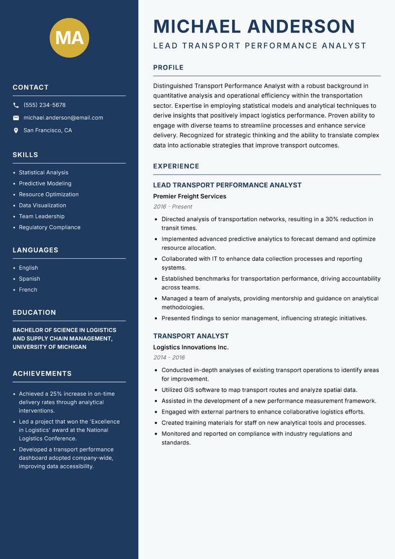 Transport Performance Analyst resume sample — Lead Transport Performance Analyst focus