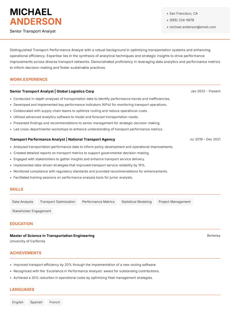 Transport Performance Analyst resume sample — Senior Transport Analyst focus