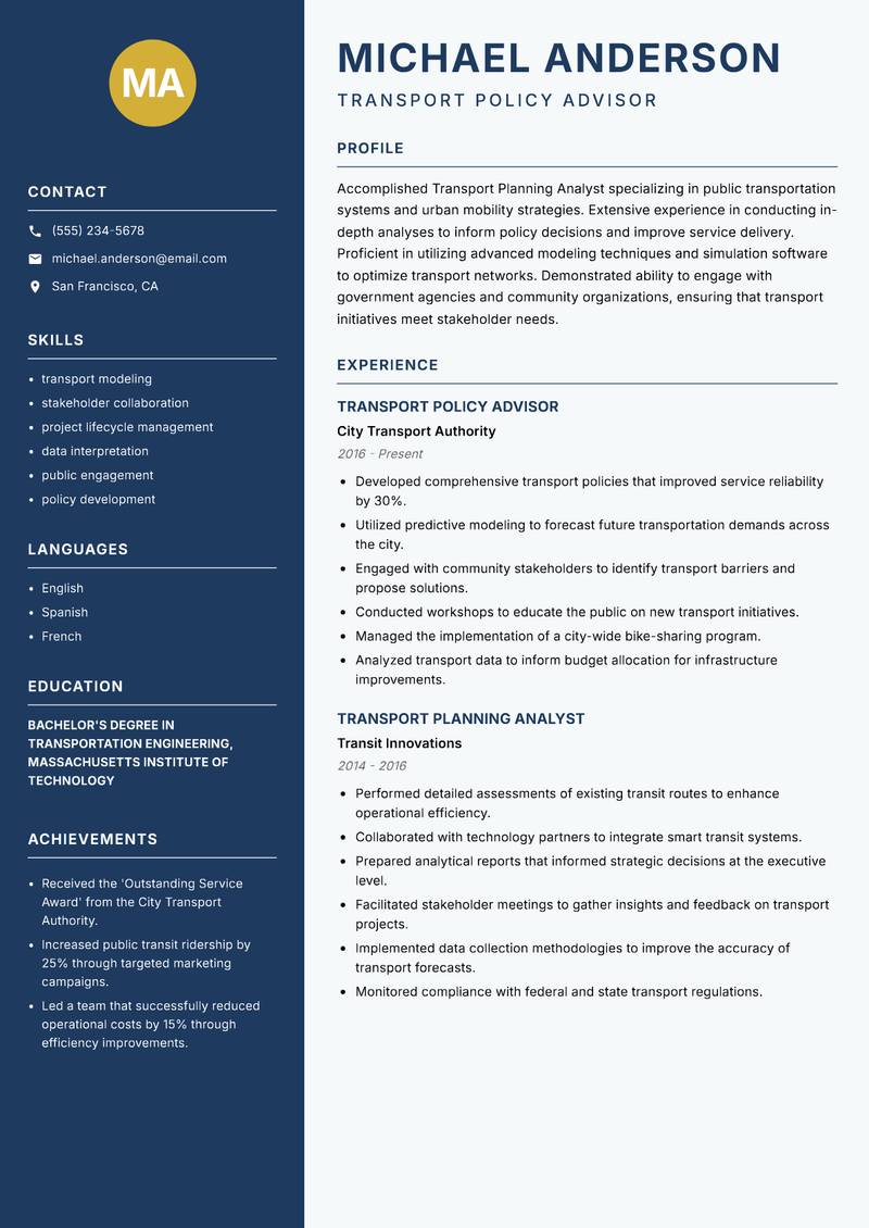 Transport Planning Analyst resume sample — Transport Policy Advisor focus