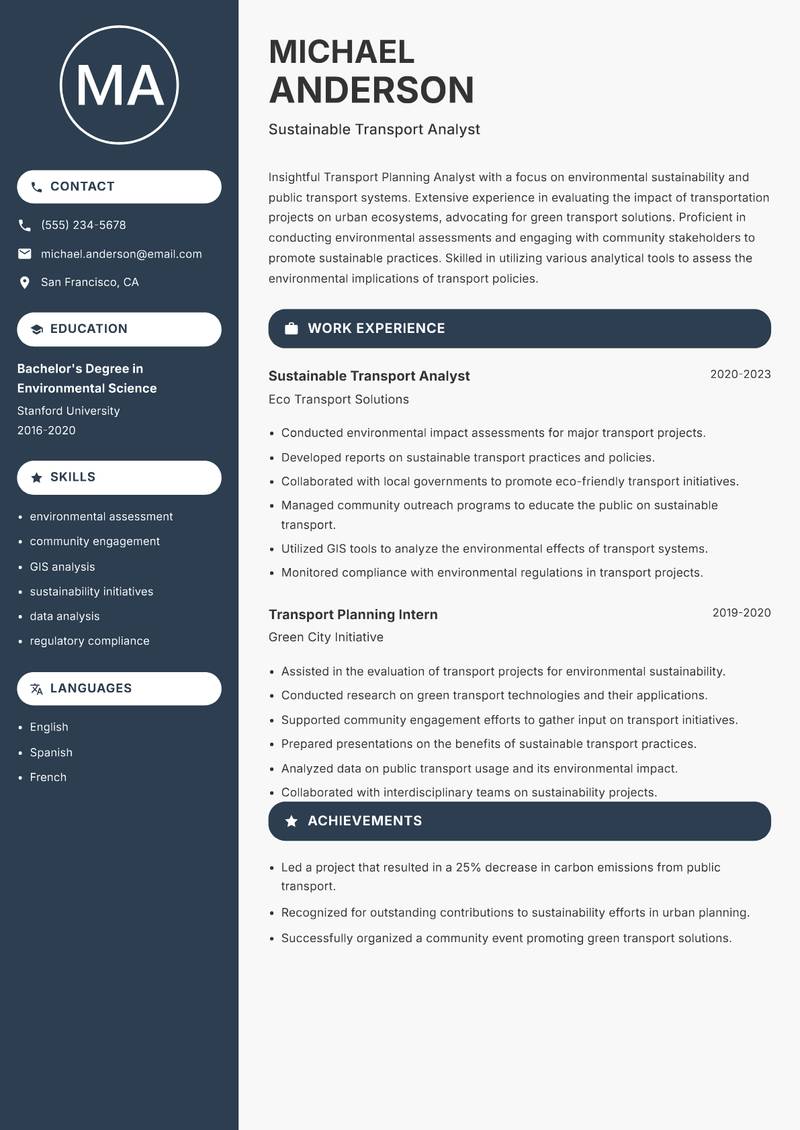 Transport Planning Analyst resume sample — Sustainable Transport Analyst focus