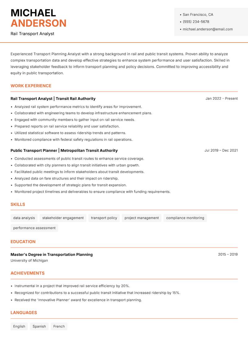 Transport Planning Analyst resume sample — Rail Transport Analyst focus