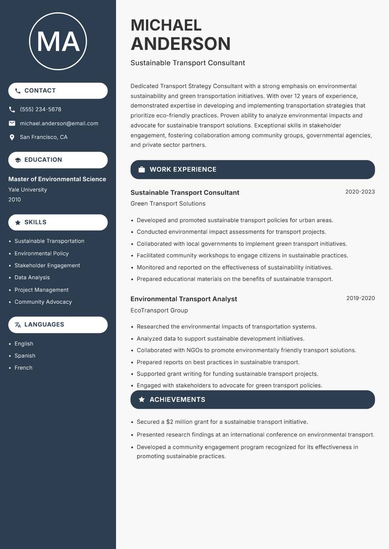 Transport Strategy Consultant resume sample — Sustainable Transport Consultant focus