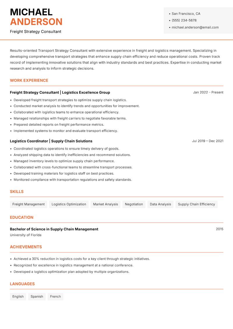 Transport Strategy Consultant resume sample — Freight Strategy Consultant focus