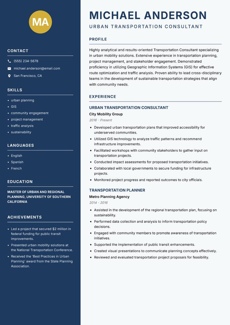 Transportation Consultant resume sample — Urban Transportation Consultant focus