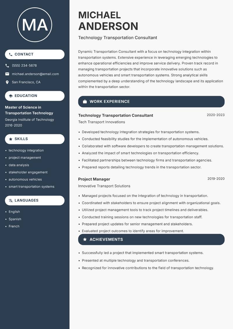 Transportation Consultant resume sample — Technology Transportation Consultant focus