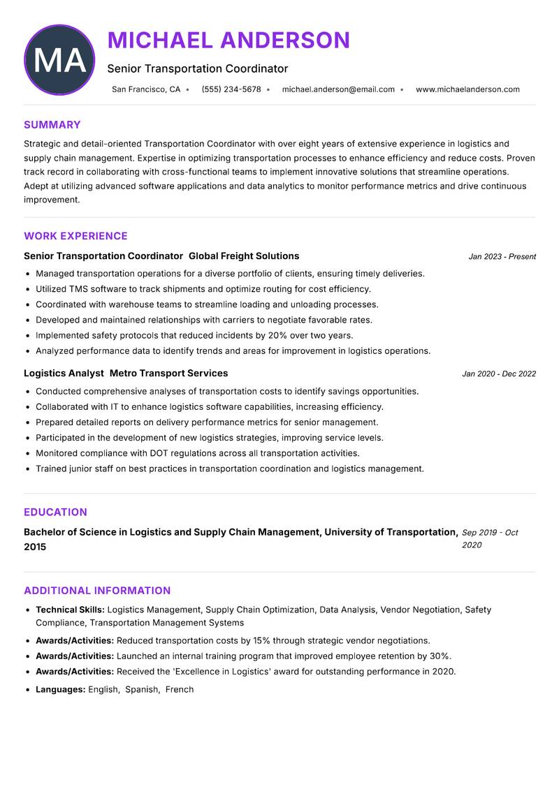 Transportation Coordinator resume example
