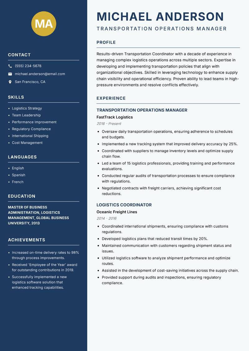 Transportation Coordinator resume sample — Transportation Operations Manager focus