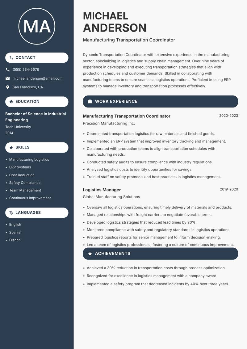 Transportation Coordinator resume sample — Manufacturing Transportation Coordinator focus