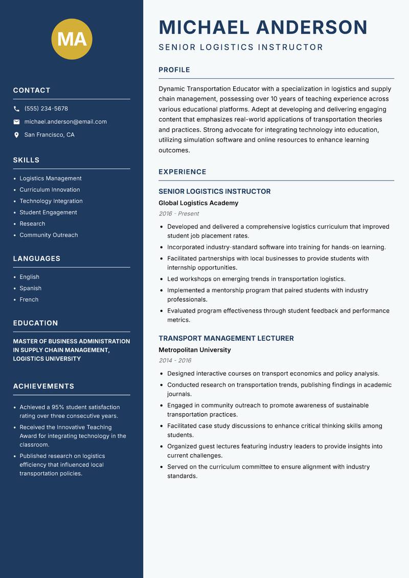 Transportation Educator resume sample — Senior Logistics Instructor focus