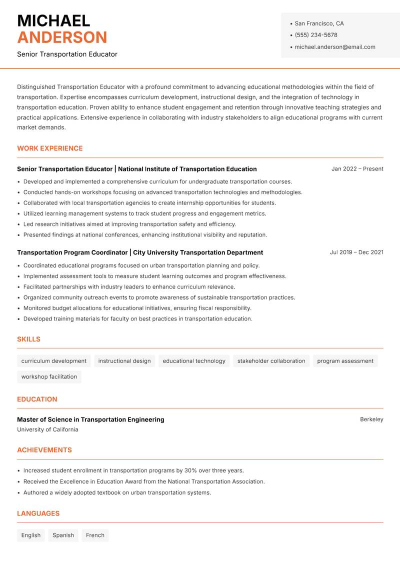 Transportation Educator resume sample — Senior Transportation Educator focus
