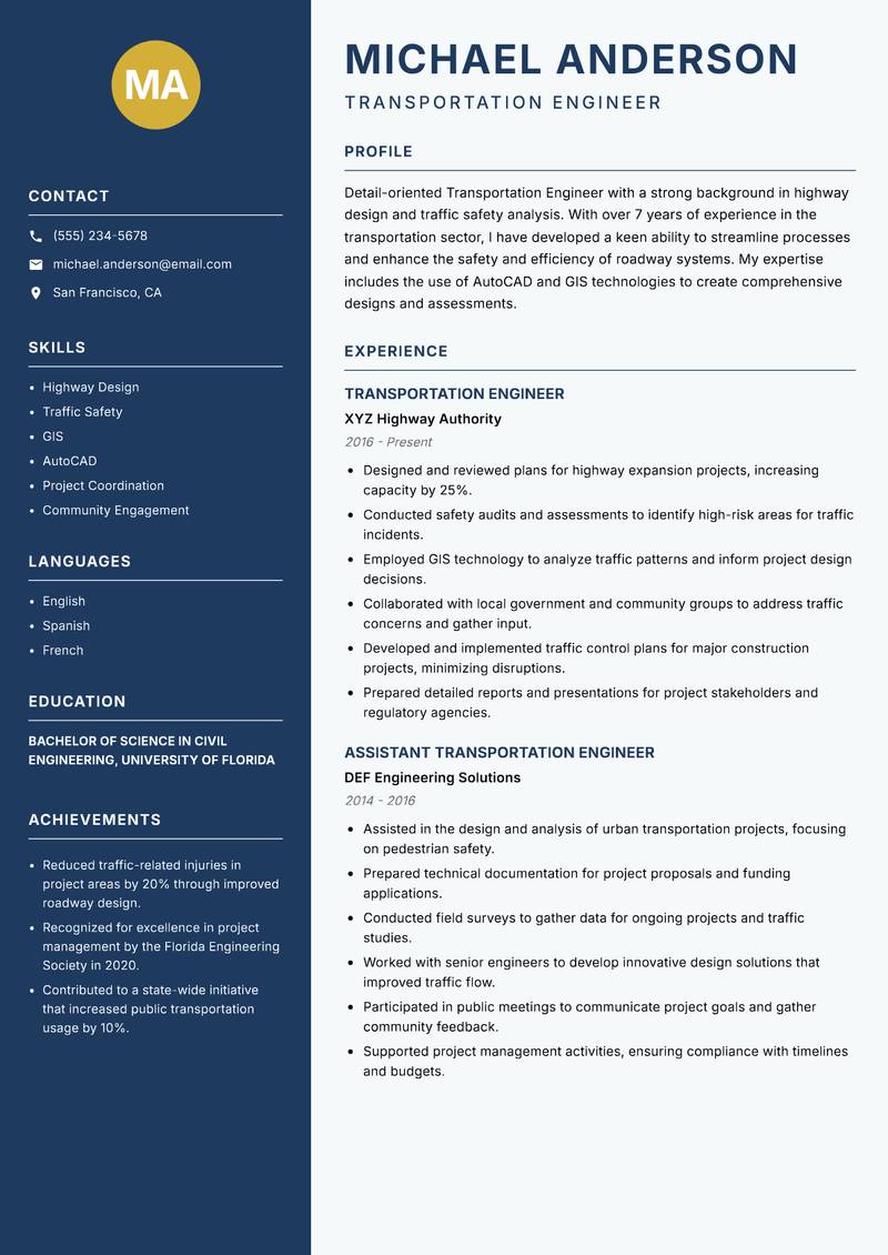 Transportation Engineer resume sample — Transportation Engineer focus