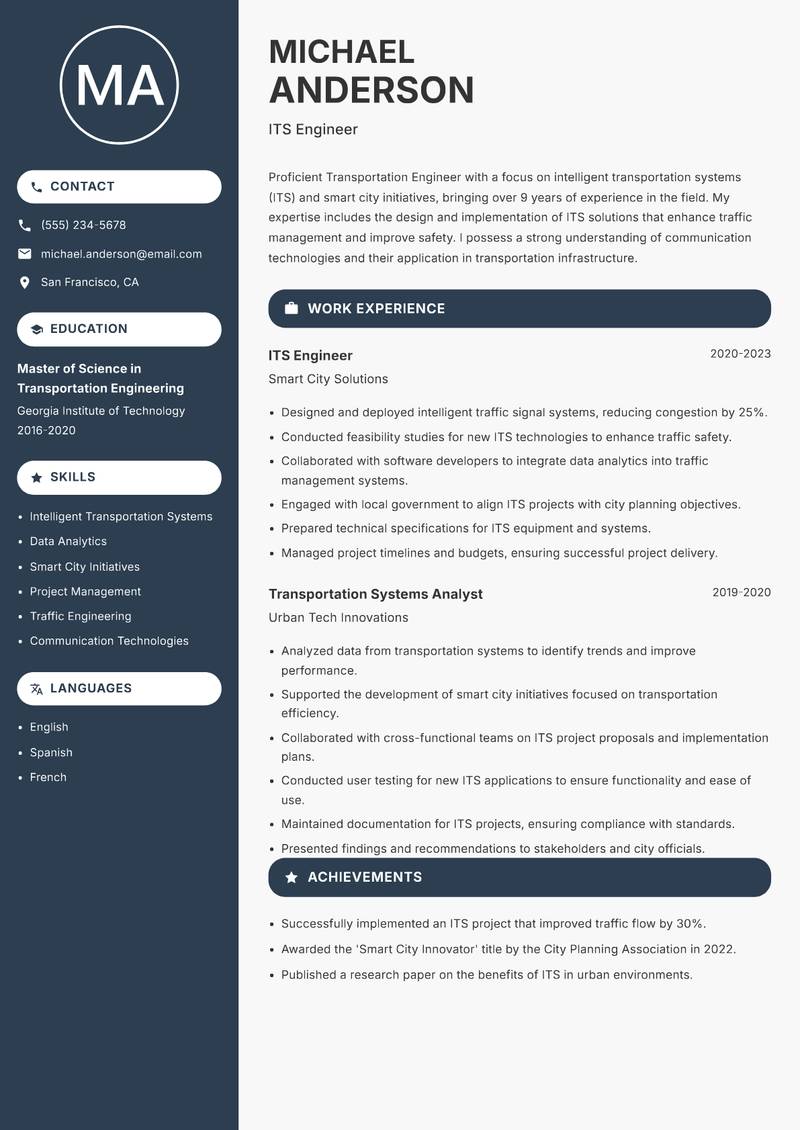Transportation Engineer resume sample — ITS Engineer focus