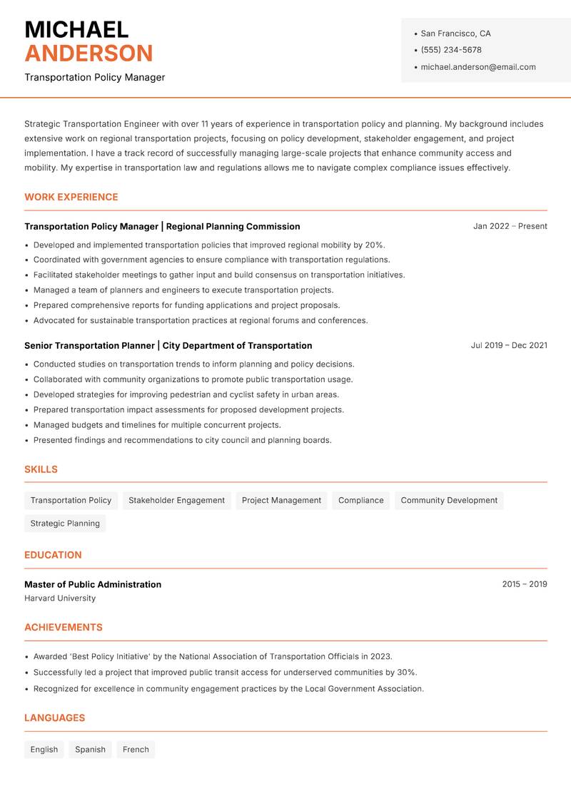 Transportation Engineer resume sample — Transportation Policy Manager focus