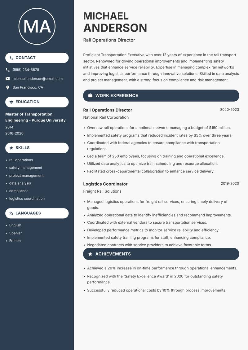 Transportation Executive resume sample — Rail Operations Director focus