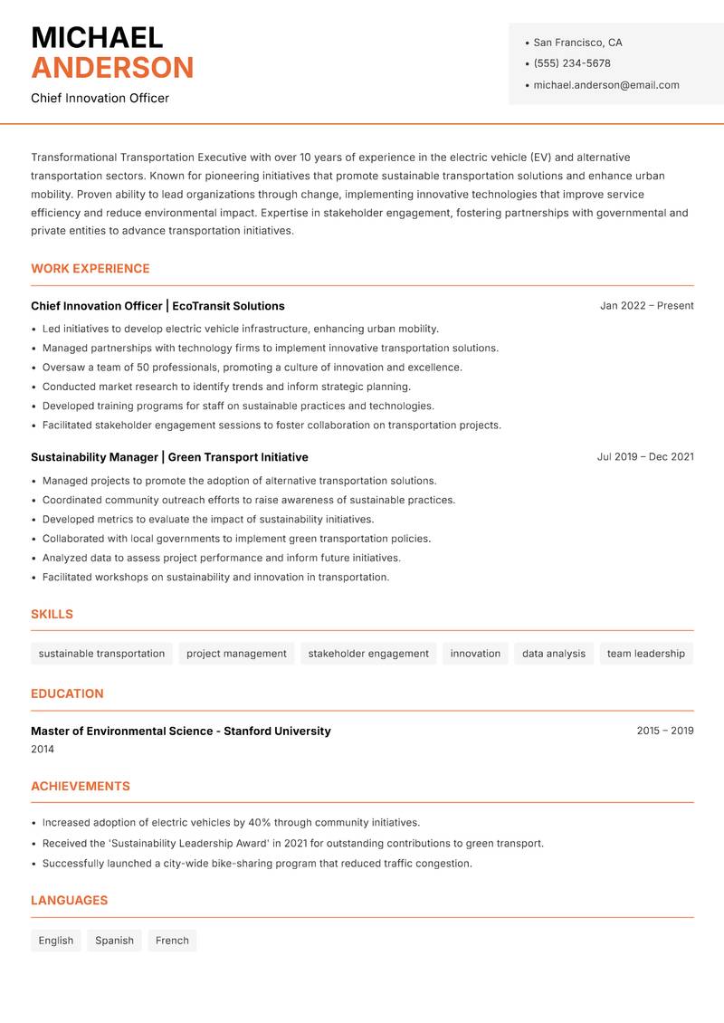 Transportation Executive resume sample — Chief Innovation Officer focus
