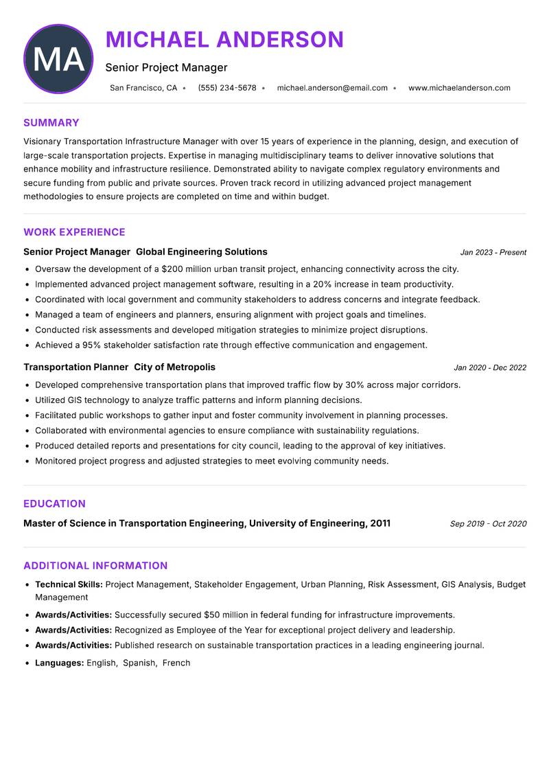 Transportation Infrastructure Manager resume example