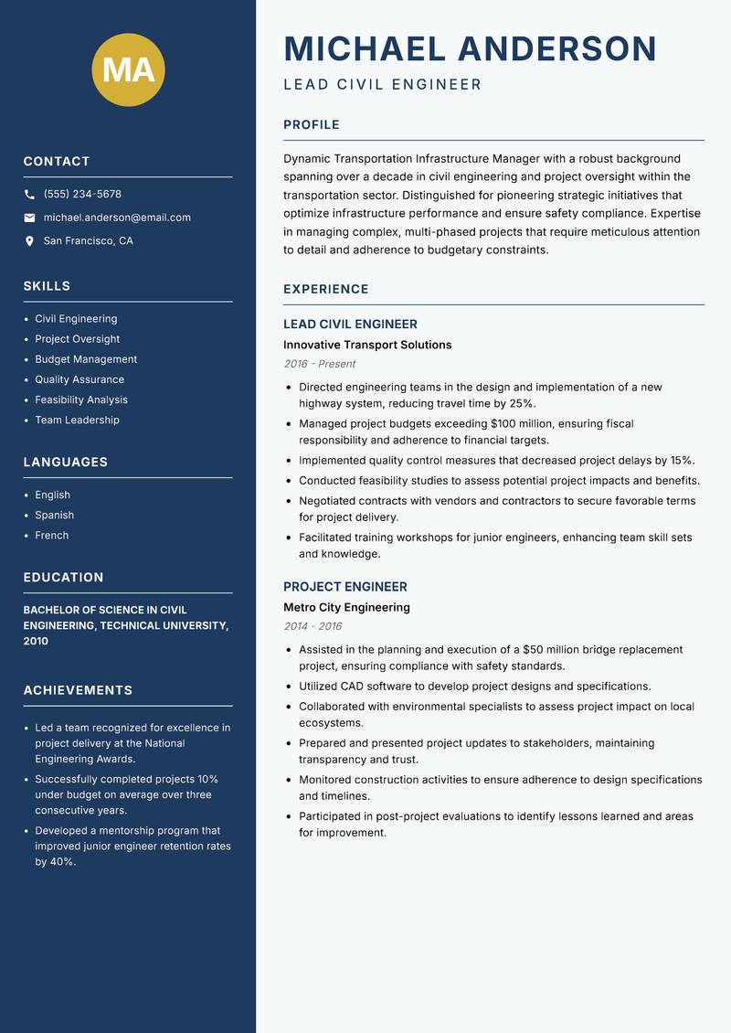 Transportation Infrastructure Manager resume sample — Lead Civil Engineer focus
