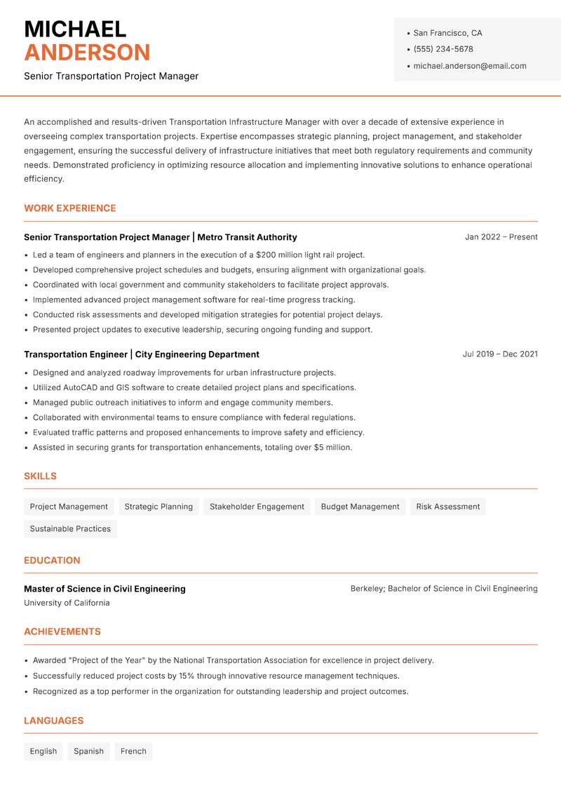 Transportation Infrastructure Manager resume sample — Senior Transportation Project Manager focus