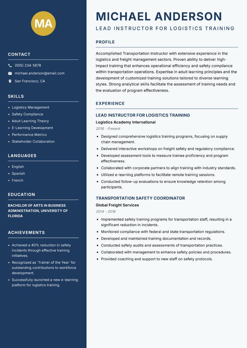 Transportation Instructor resume sample — Lead Instructor for Logistics Training focus